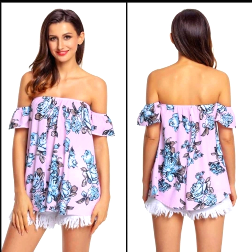 Pink and Blue Floral Off-th-Shoulder Top 🌸💙
